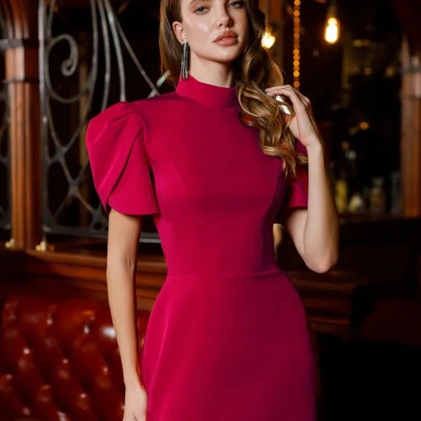 Valentina - Crimson Rose Turtleneck Puff-Sleeve Backless Mini Dress