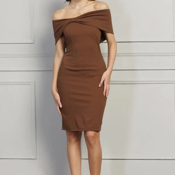 Bardot Bow Detail Midi Dress in Brown