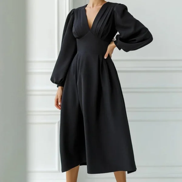 Estelle - Black V-Neck balloon Sleeve Dress