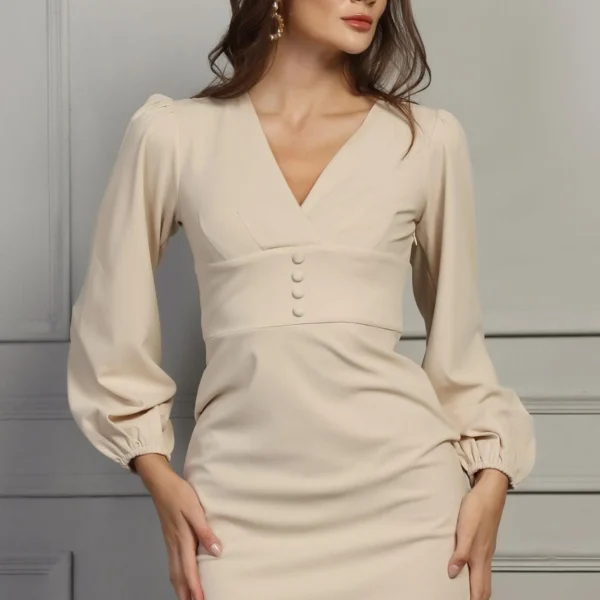 Vanilla Balloon Sleeves Front Button Detail Mini Dress