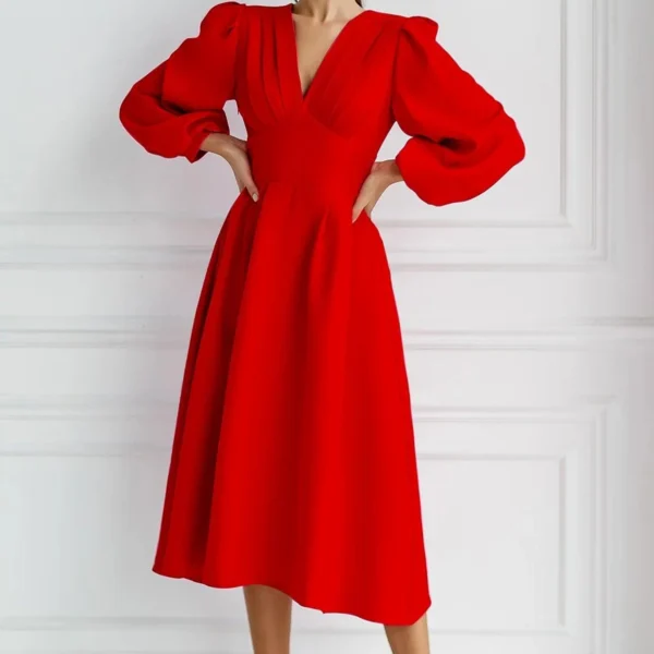 Estelle - Red V-Neck balloon Sleeve Dress