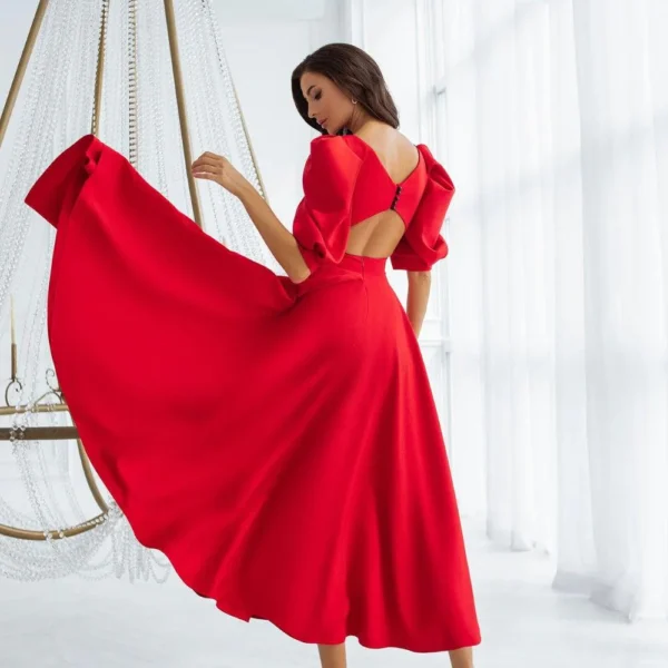 Puff-Sleeve Backless Dress in Red Colour