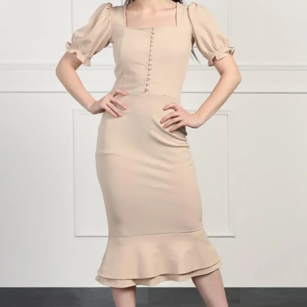 Puff Sleeves Dress with Button Detailing