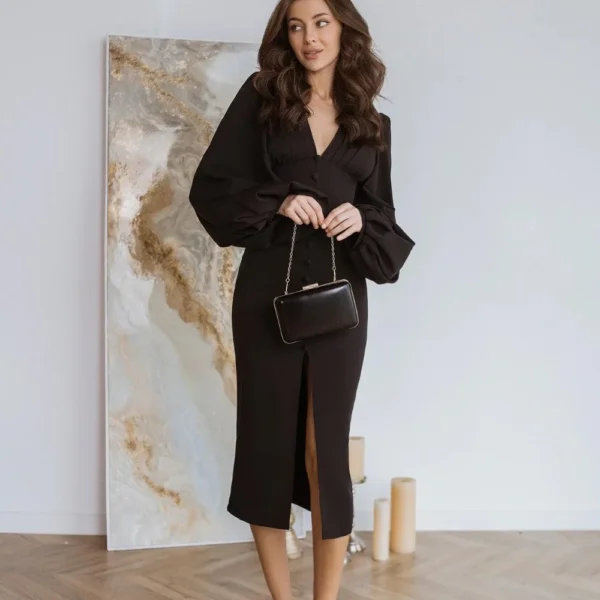 Scarlet - Puff Sleeves Midi Dress in Black