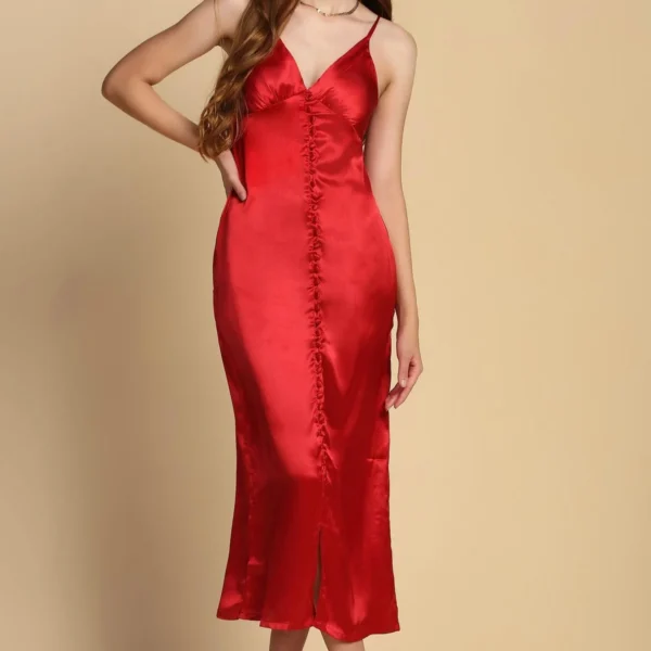 Buttoned Satin Dress - Red